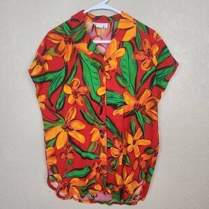Vintage Orange Lily Print on Red Hawaiian Style Button Down Shirt (4811)